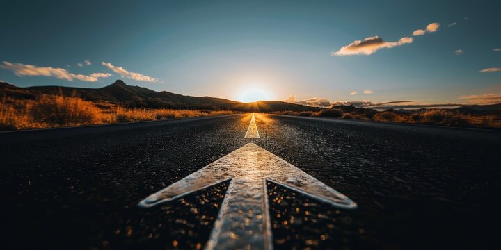 A straight road with an arrow painted on it leading to the distant horizon, symbolizing goal setting and achievement in business
