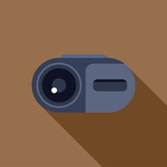 Digital camera lying on a brown surface with a long shadow, capturing technology in a flat design style