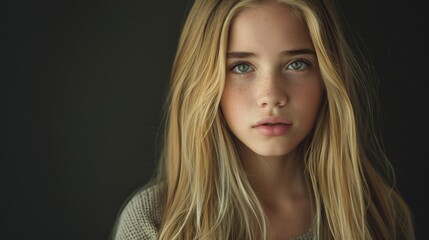Naklejka premium Young Girl With Freckles and Long Hair Posing Against Dark Background