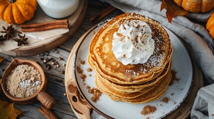 A cozy breakfast scene featuring pumpkin spice pancakes topped with whipped cream and cinnamon
