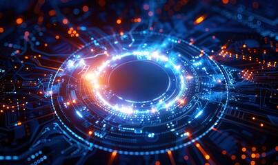Obraz premium Digital Core: A mesmerizing abstract illustration of a glowing, futuristic circuit board with a central ring of vibrant light, showcasing the power and dynamism of technology. 