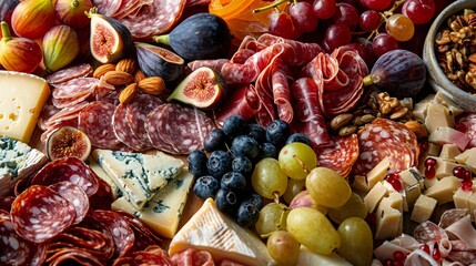 A detailed shot of a charcuterie board filled with cheeses, cured meats, figs, nuts, and autumn fruits