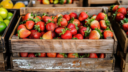 Fresh strawberries in a wooden crate at a market. Organic, ripe, and delicious red fruit ready to eat.