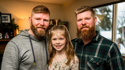 Smiling family at home enjoying quality time together. Casual portrait of father, daughter, and relative in a cozy indoor setting.