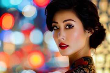 Portrait of a beautiful woman in a colorful urban setting at night. She wears elegant makeup and a traditional kimono, exuding beauty and glamour.