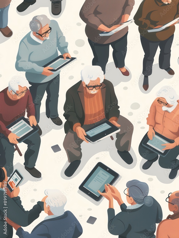 Poster A group of elderly individuals participates in a technology workshop, each using a tablet to learn new digital skills and foster connections. Generative AI
