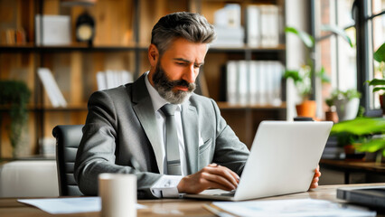 Obraz premium Mature businessman with a beard working on a laptop in a modern office setting, focused and professional.