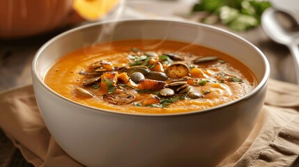 A steaming bowl of pumpkin soup garnished with roasted pumpkin seeds and fresh herbs