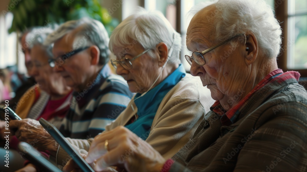 Poster a group of elderly people attentively using tablets while sitting together in a warm, inviting commo