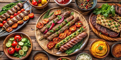Variety of delicious Turkish kebabs arranged on a table top view , Turkish, meal, kebab, Ali nazik, adana kebap