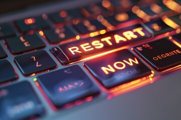 Laptop screen showing RESTART NOW