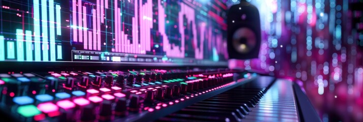 Modern Music Production Studio with Digital Audio Workstation, Concept of Electronic Music Creation, High-Tech Recording Equipment, Neon Lights, Sound Engineering