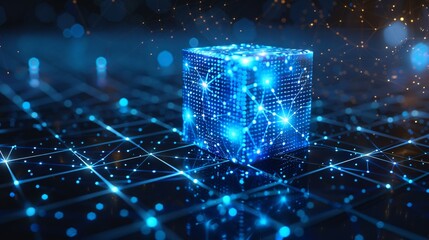 Futuristic 3D digital cube in electric blue with intricate network connections radiating outward set against a deep high tech background with copy space