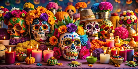 Fototapeta premium Vibrant Day of the Dead celebration in Mexico , festival, tradition, colorful, skull makeup, marigold flowers