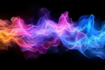 Obraz premium Futuristic 3D flowing ribbons with glowing hues of magenta cyan and amber forming elegant fluid shapes against a dark background leaving ample copy space