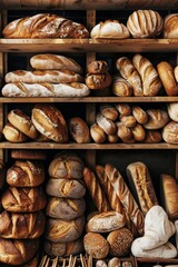 Freshly Baked Breads and Pastries on Wooden Shelves in a Cozy Bakery
