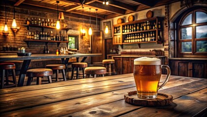 A rustic beer and bar table set up in a cozy pub , craft beer, bar stools, wooden counter