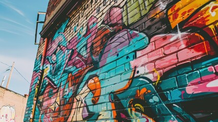 Vibrant Colorful Graffiti Decorates Urban Brick Wall in Bright Afternoon Light