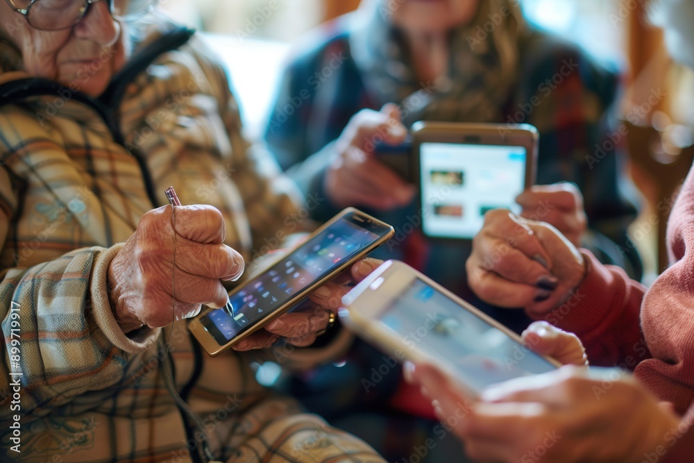 Poster a group of elderly individuals learns to use smartphones, exchanging tips and enjoying technology to