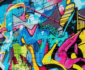 Vibrant Street Art Graffiti on Brick Wall in Urban Setting