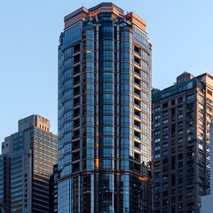 Fototapeta premium Distinctive High Rise Building Towering in the Heart of the Bustling Urban Cityscape