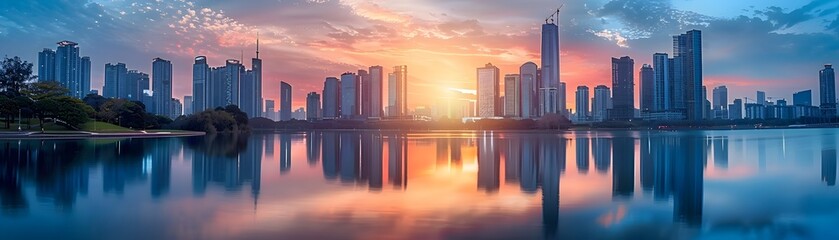 Obraz premium Serene Sunrise Cityscape Reflected in Calm Lake