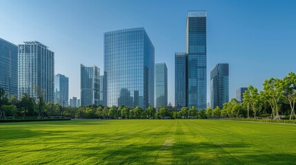 Obraz premium Tall company buildings aligned in the middle under a clear blue sky, with a front view of short green grass, devoid of any people.
