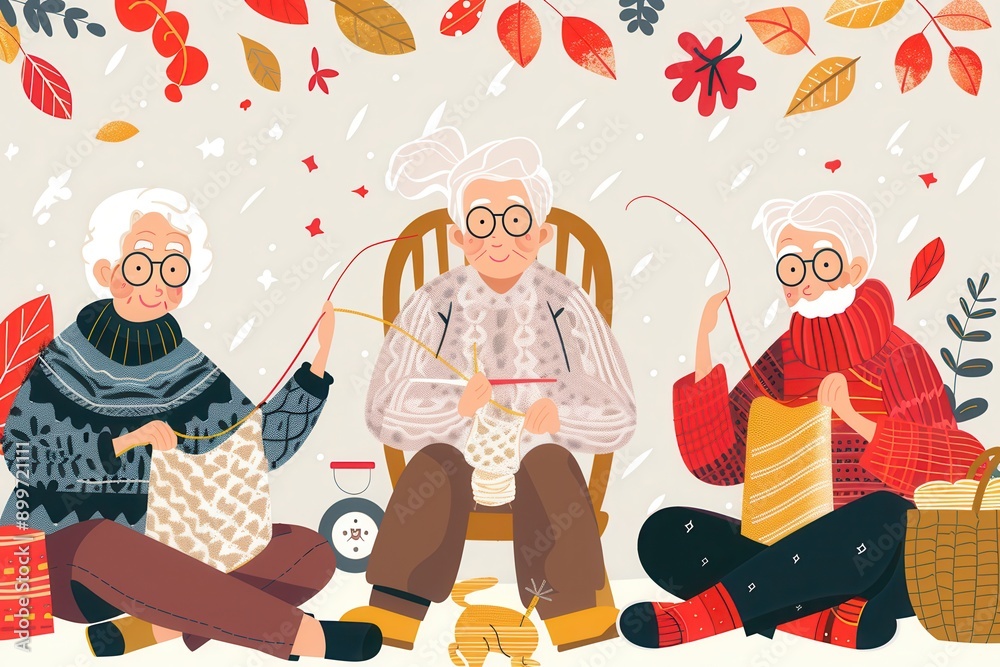 Poster three elderly individuals engage in knitting and sewing, exchanging skills and enjoying a peaceful a