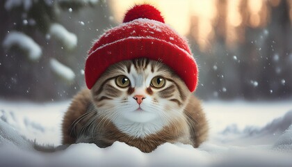 a cute cat,in the snow with red hat