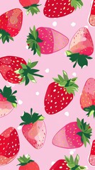 Cute Pink Strawberry Pattern With Bold Green Leaves on Soft Background