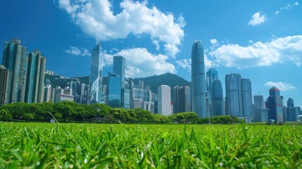 Obraz premium Tall corporate buildings stand in the middle against a bright blue sky, with a stretch of short green grass in the foreground, devoid of people.