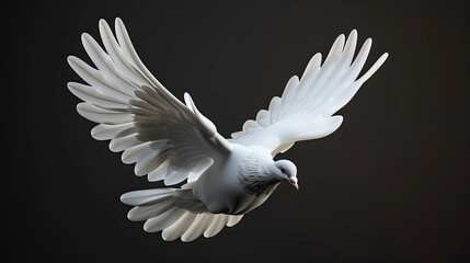 White dove flying gracefully with wings spread wide, captured in a detailed 3D illustration, representing peace and tranquility.
