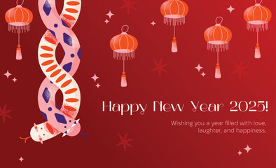 Snakes poster. Chinese 2025 New Year symbol, happy animal character mascot. Lunar new year concept. Chinese zodiac snake in geometric flat modern style vector illustration background
