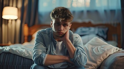 Obraz premium ฺBreak up with girlfriend. Depressed young man sitting on couch in the bed room at home, male feels unhappy problem in life