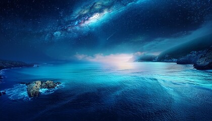 Fototapeta premium 宝石のような美しい青い海、幻想的な夜空、とても綺麗 Generated by