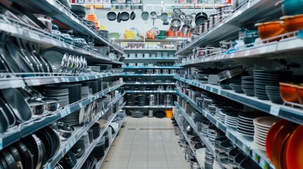 A store aisle with many different types of plates and bowls