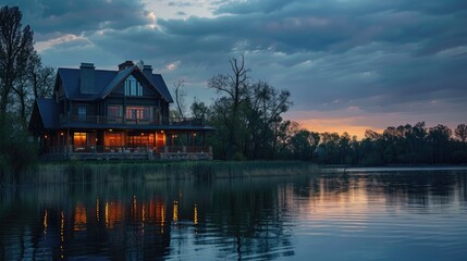 Fototapeta premium House by the lake at dusk