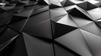Futuristic 3D polygonal texture in sleek metallic black with sharp angular shapes creating depth and interest perfect for a modern design with copy space