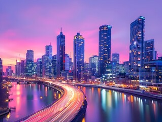 Naklejka premium Vibrant City Skyline Illuminated at Dusk with Fading Sunset and Busy Traffic