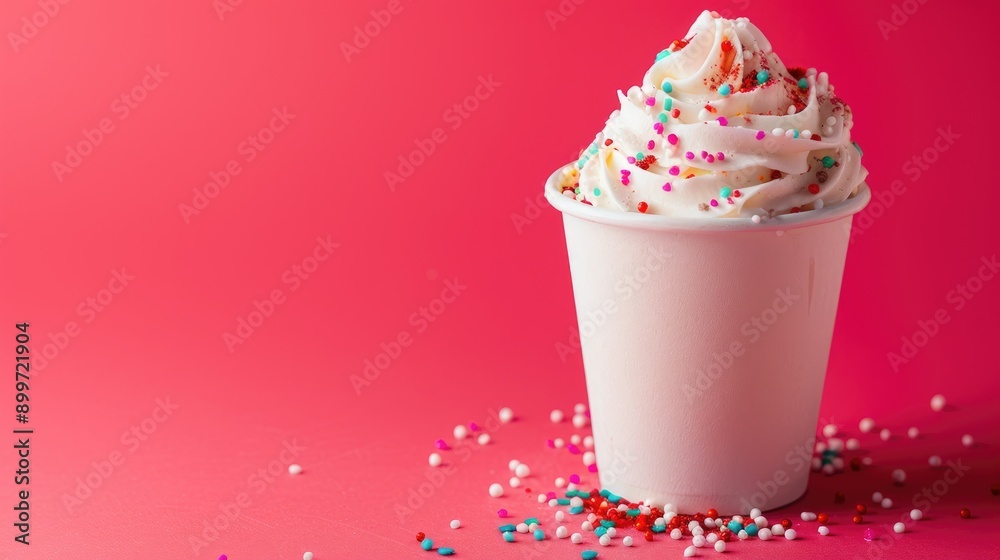 Aufkleber ice cream in cup on red backdrop food picture with space for text