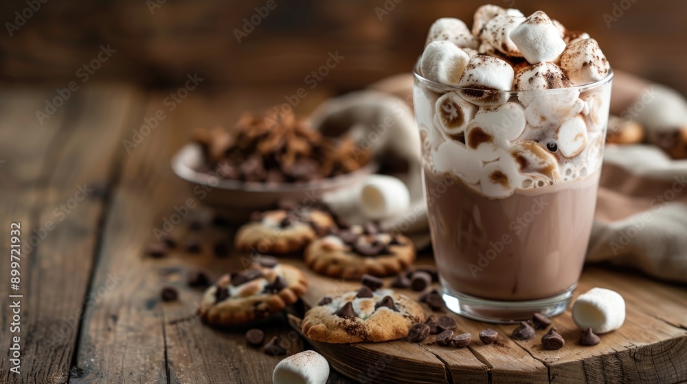 Poster hot cocoa with marshmallows and cookies in a glass on a wooden surface