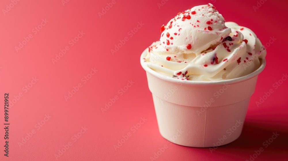 Poster ice cream in cup on red backdrop food picture with space for text