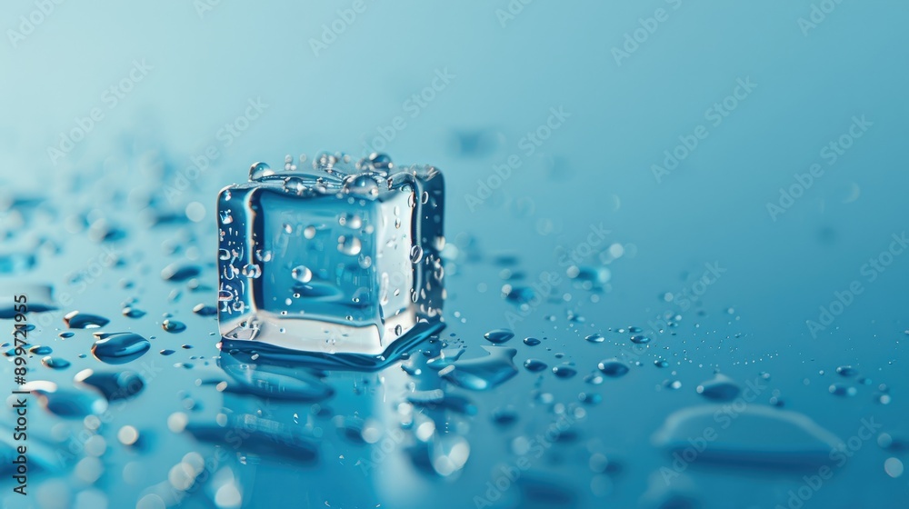 Poster Ice Cube on Blue Background with Space for Text