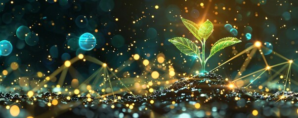 Futuristic 3D seedling growth in fertile earth neon green leaves and digital light effects blending with a blurred natural backdrop perfect for innovative nature themed content