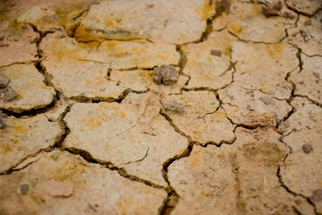 Close up of cracked dry earth, showing the effects of drought and climate change.