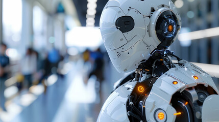 Fototapeta premium Artificial intelligence concept illustrated by an advanced robotic system that replaces human labor