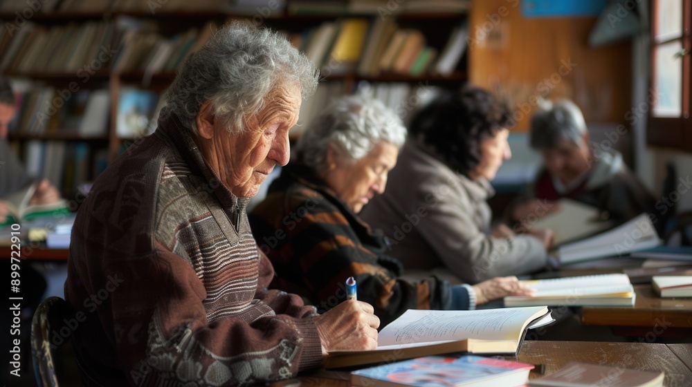 Leinwandbilder Elderly learners gather in a community space, focused on studying foreign languages using textbooks and dictionaries for their educational enrichment. Generative AI