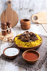 Shawarma with Bukhari rice Bukhari Rice, Arabic as Ruz al Bukhari, aromatic and flavorful Middle Eastern rice with shawarma