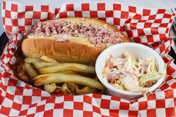 spam salad sub  with french fries and cole slaw