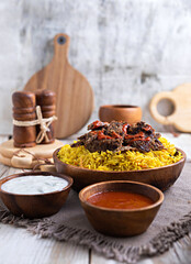 Shawarma with Bukhari rice Bukhari Rice, Arabic as Ruz al Bukhari, aromatic and flavorful Middle Eastern rice with shawarma